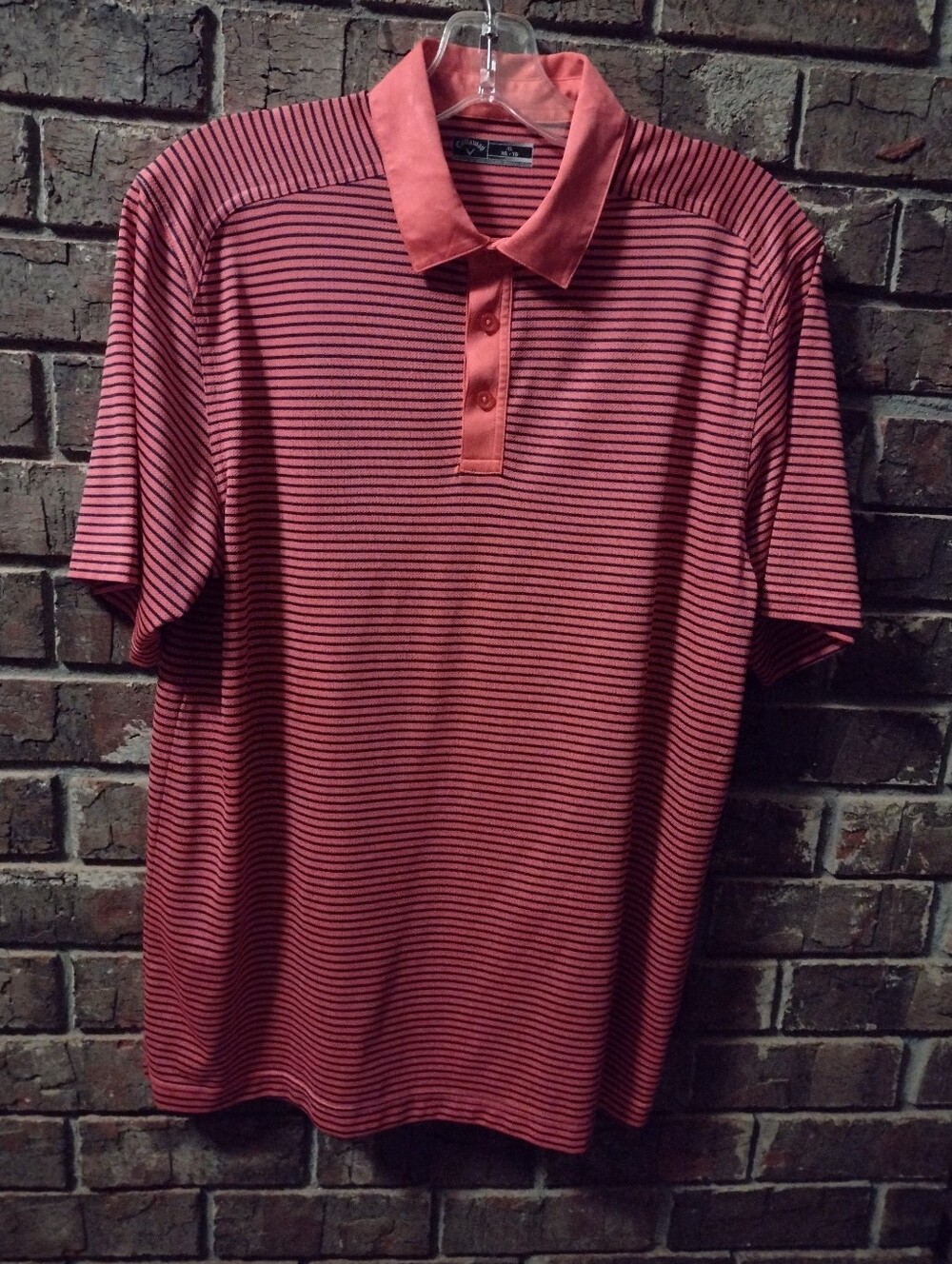 Callaway Polo Shirt Men's XL Salmon & Black Striped Stretch Casual Golf Preppy